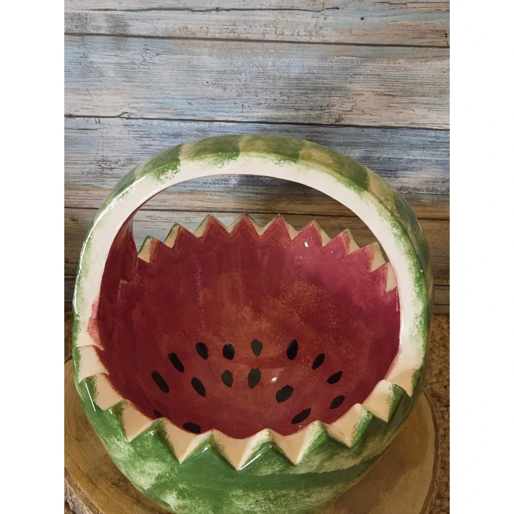 Vtg Watermelon Ceramic Basket Hand Painted Fruit Bowl Sawtooth Rim Summer Decor